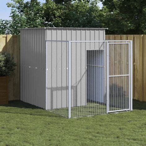 vidaXL Galvanized Steel Dog House with Run, Light Gray, 